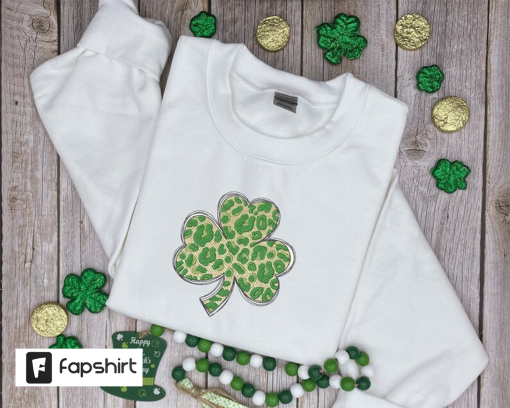 Leopard Print Shamrock Sweater, St. Patrick’s Day Embroidered Sweatshirt, Lucky Shamrock Hoodie – Irish Four Leaf Clover Embroidery Crewneck