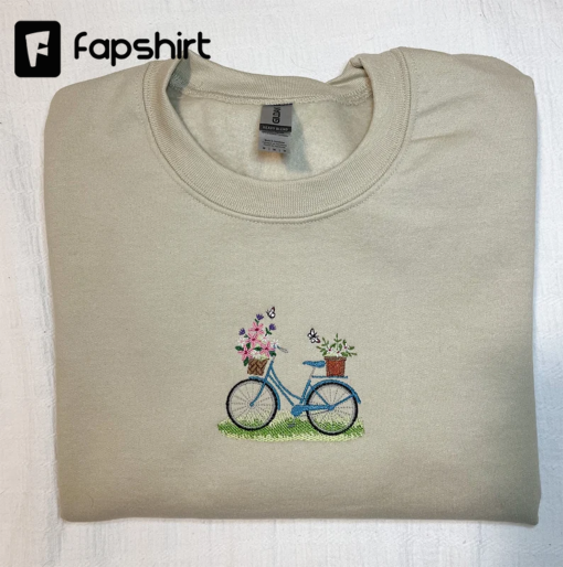 Cute Bicycle Butterfly and Flowers Embroidered Design Crewneck Sweatshirt, Pretty Embroidery Shirt