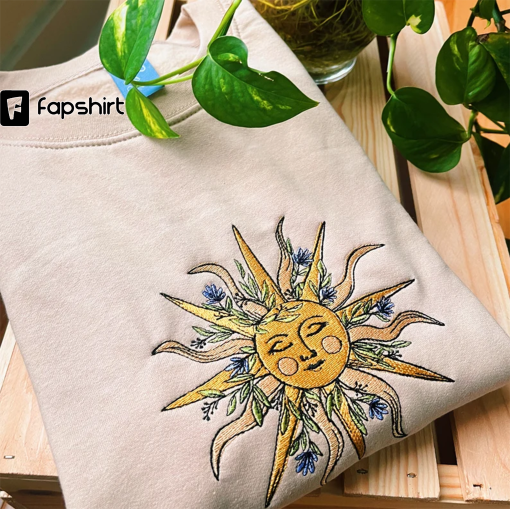 Sage Floral Sun Embroidered Crewneck – Unisex Embroidered Fleece Pullover – Custom Crewneck – Embroidered Sweatshirt