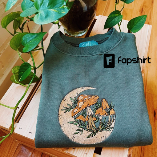 Olive Mushroom Moon Crewneck – Embroidered Fleece Pullover – Custom Crewneck – Embroidered Sweatshirt