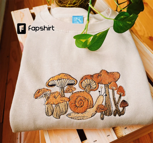 Tan Mushroom Snail Embroidered Crewneck – Unisex Embroidered Fleece Pullover – Custom Crewneck – Embroidered Sweatshirt – Mushroom Apparel