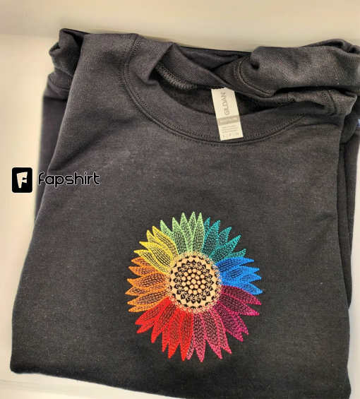 Embroidered Rainbow Sunflower Hippie Boho Colorful Sweater, Cute Embroidered Floral Hoodie, Custom Embroidered Top, Crewneck Sweater