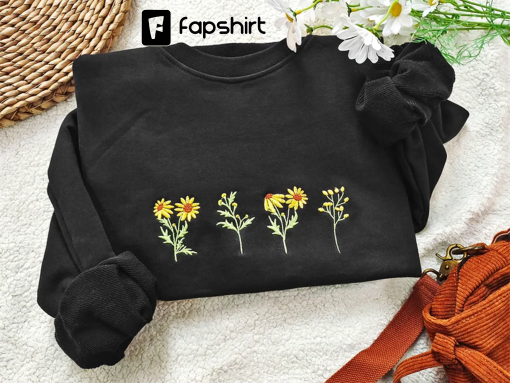 Round vintage neck sunflower women’s trend embroidered sweatshirt,Black sweatshirt Anniversary gift