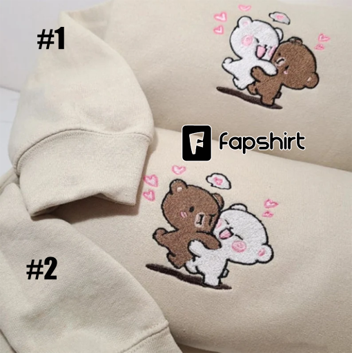 Embroidered | Cute Mocha Milk Bears Embroidered Sweatshirt, Custom Embroidered Roman Numeral, Couple Matching Embroidered T Shirt