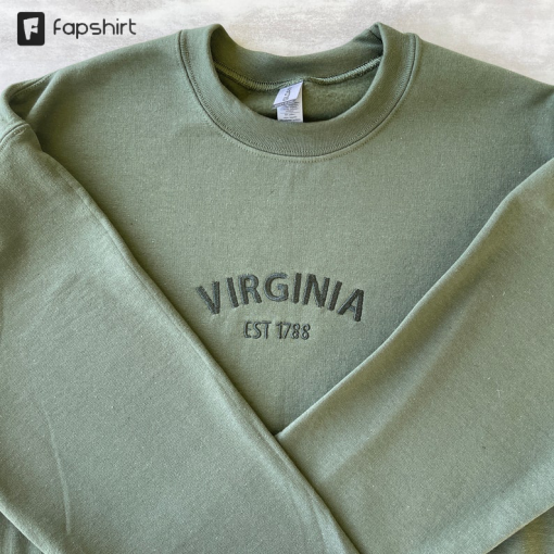 Virginia Embroidered Sweatshirt, Virginia Sweatshirt, State Virginia Crewneck, Embroidered Crewneck Sweatshirts, Green, Long Sleeve