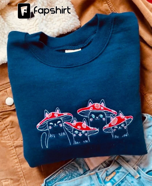 Mushroom Cats Embroidered Crewneck Sweatshirt | Gift for Cat Lovers | Mushroom Sweatshirt | Cat Crewneck