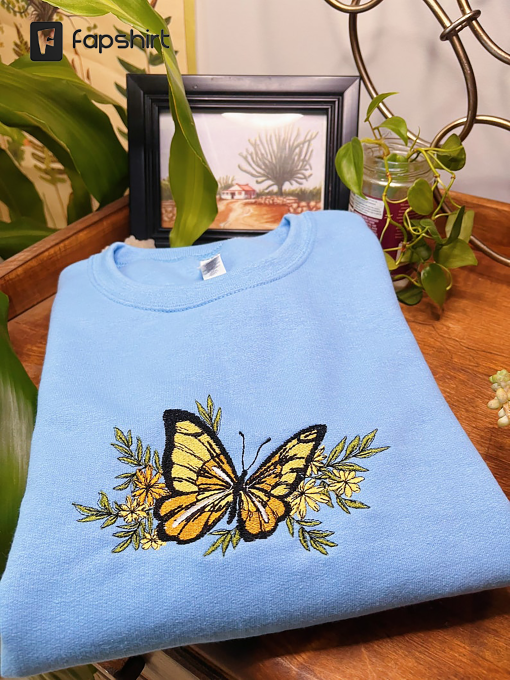 Light Blue Butterfly Embroidered Crewneck – Unisex Embroidered Fleece Pullover – Custom Crewneck – Embroidered Sweatshirt – Mushroom Apparel