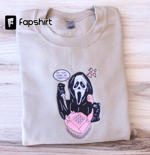 Ghost Face Sweatshirt, No You Hang Up First Crewneck, Embroidered Scream Crewneck Halloween Sweatshirt, Scream Crewneck, Spooky Sweatshirt