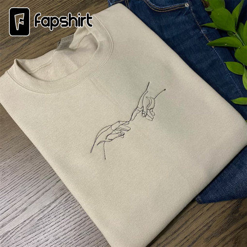 Creation Of Adam Sweatshirt, Embroidered Hoodie, Line Art Shirt, God Adam Hands, Embroidered Sweatshirt, One Line Art Sweatshirt