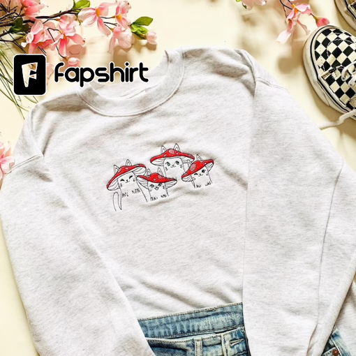 Mushroom Cats Embroidered Crewneck Sweatshirt | Gift for Cat Lovers | Mushroom Sweatshirt | Cat Crewneck