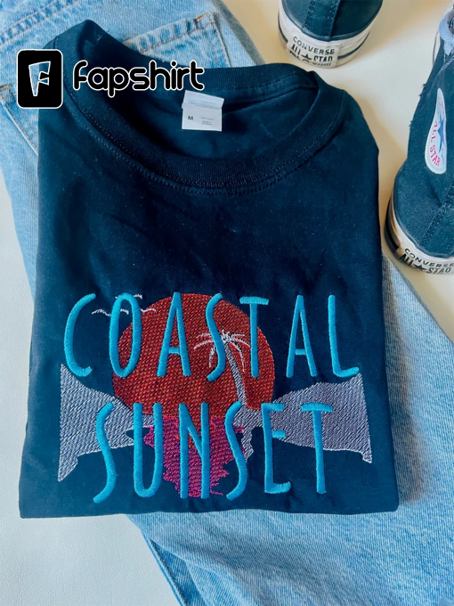 Coastal Sunset Embroidered Crewneck Tee | Beach Crewneck | Summer T-Shirt | Sunset Tee | Beach Lover Gifts