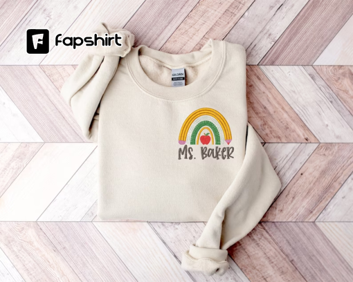 Teacher rainbow personalized sweatshirt fleece | Custom fleece with teacher name and pencil | Teacher gifts