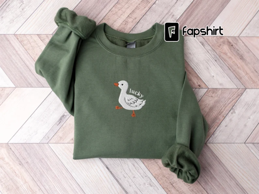 Embroidered Lucky Duck Sweatshirt, Embroidered Duck Crewneck Sweatshirt, Silly Goose Shirt, Funny Sweatshirt, Funny Embroidered Shirt