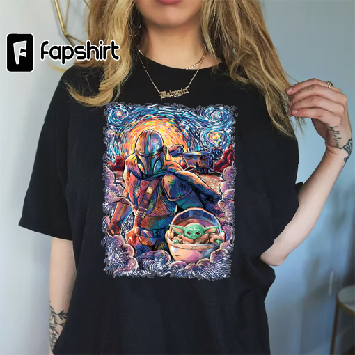 Star Wars The Mandalorian & The Child Starry Night Style T-Shirt