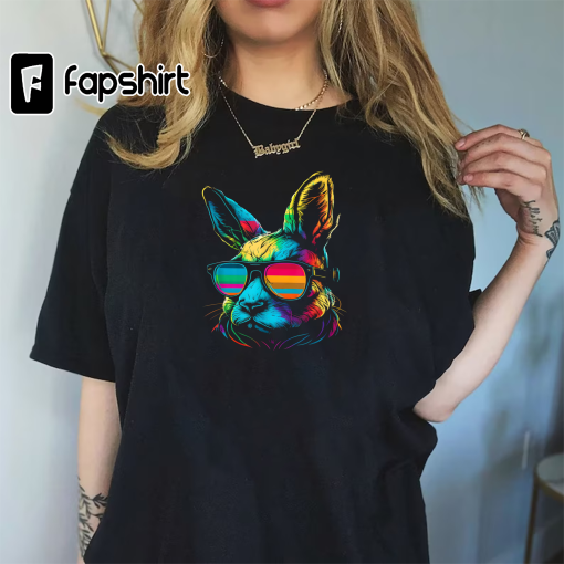 Easter Day Bunny Face Rainbow Sunglasses Boys Kids Easter T-Shirt