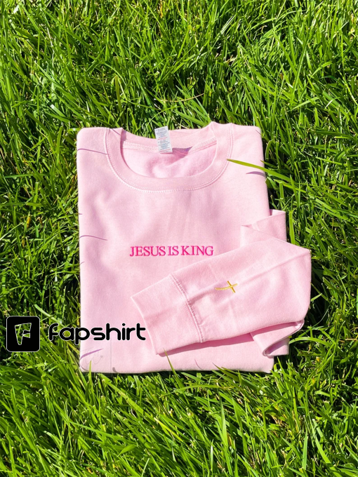 Jesus is king Sweatshirt With Cross on Sleeve, Christian Based Clothing, Faith Based Apparel, Embroidered Crewneck Sweatshirt