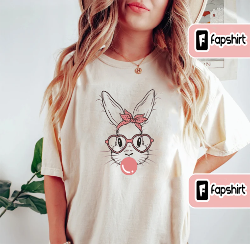 Bunny with Leopard Glasses shirt, Easter shirt, Easter bunny graphic tee, Easter shirts for women,Ladies Easter Bunny,Bubble Gum Bunny Tee