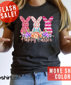 Happy Easter Shining Bunnies T-Shirt, Floral Bunnies…