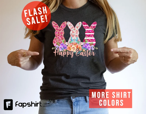 Happy Easter Shining Bunnies T-Shirt, Floral Bunnies Shirt, Colorful Bunnies Outfit, Shining Easter Day Shirt, Floral Easter Party Apparel