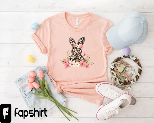 Floral Leopard Bunny Shirt, Bunny Shirt, Cute Easter Bunny T-Shirt, Happy Easter, Shirt with Bunnies, Easter Gift, Happy Easter T-Shirt