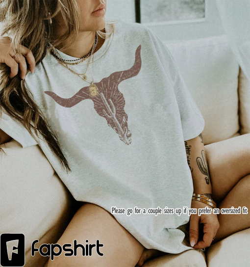 Cow Skull Desert Cactus Silhouette Shirt | Southwest Boho Longhorn Buffalo Tshirts | Desert Life Landscape Western Tee | 12242