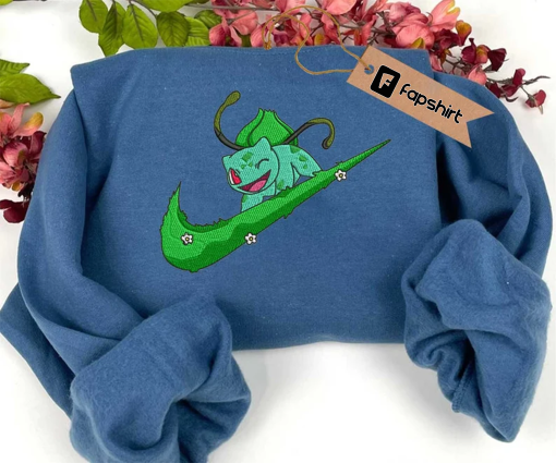 Poke.mon Brand Embroidered Sweatshirt, Bulbas.aur Embroidered Shirt, Anime Gift, Vintage Embroidered Sweatshirt