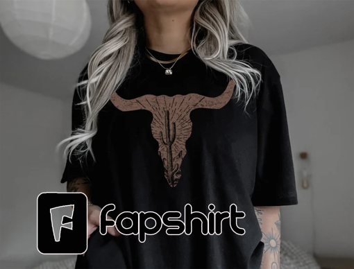 Cow Skull Desert Cactus Silhouette Shirt | Southwest Boho Longhorn Buffalo Tshirts | Desert Life Landscape Western Tee