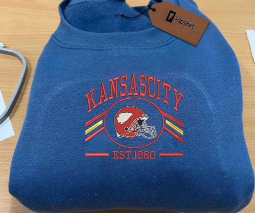 Kansas EST 1960 Football Logo Embroidered Sweatshirt, Football Team Embroidered Crewneck, Best USA Football Team Embroidered Sweatshirt