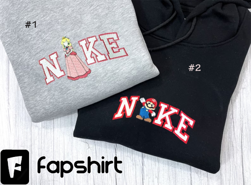 Super Mario and Princess Peach Embroidered Sweatshirt, Matching Embroidered Shirt, Cartoon Embroidery