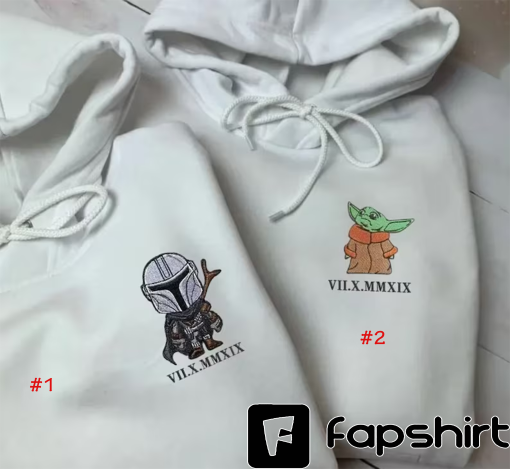 Embroidered Star-Wars Couple Sweatshirt, Yoda And Mandalorian Custom Roman Numeral Date, Matching Couples Shirt