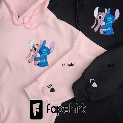 Stitch and Angel Hugs Embroidered Hoodie, Stitch x Angel Embroidered Sweatshirt, Couple Embroidered T-shirt Gift