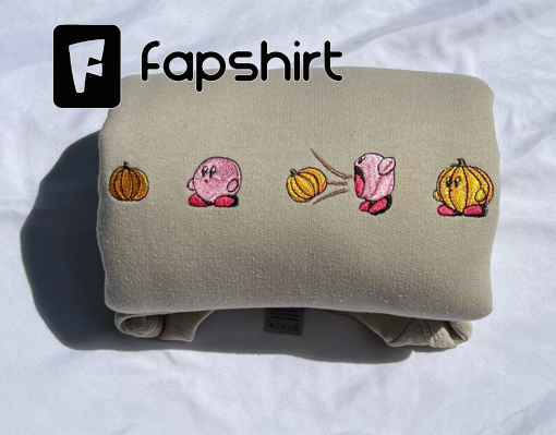 Kirb@y Halloween Pumpkin Anime Animation Vintage Embroidery Crewneck Sweatshirt .