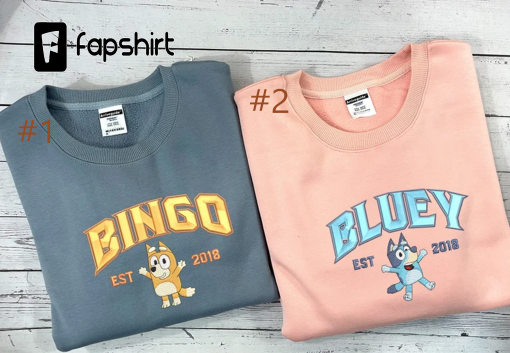 Bluey and Bingo Embroidered Sweater, Couple Embroidered Sweatshirts, Cartoon Crewneck, Vintage shirt, Embroidery Hoodie