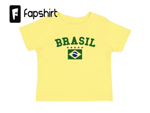 Brazil Women’s Baby Tee, Brasil Soccer T Shirt, Yellow Y2K T-Shirt with Brazilian Flag and Stars