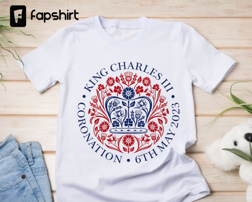 King Charles III Coronation Souvenir T-shirt – official red and blue emblem