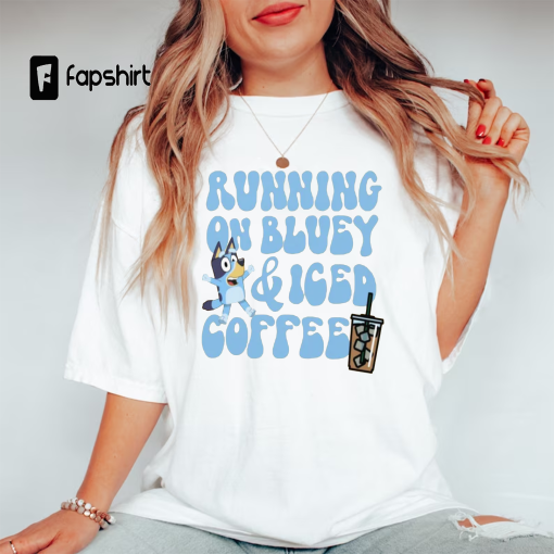 Running on Bluey and Iced Coffee Comfort Colors Pocket T-Shirt | Bluey Mom Shirt | Bluey Mama Tee