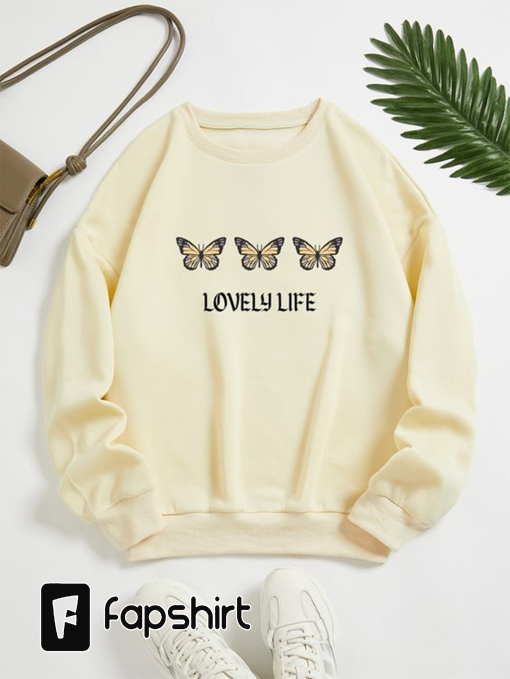 Letter & Butterfly Print Thermal Lined Sweatshirt