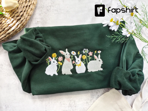 Rabbit And Flower Embroisered Sweatshirt,Crewneck sweatshirt,Cute Rabbit sweatshirt,Gift for her,Gifts for friends,Easter Gifts