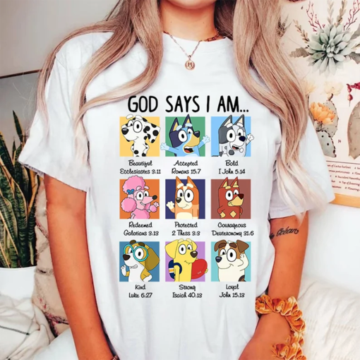 God says I am Bluey shirt, Bluey Family Shirt, Cartoon T-shirt, Bingo T-shirt, Bluey And Bingo, Funny Bluey Shirts, Bluey Characters Tee