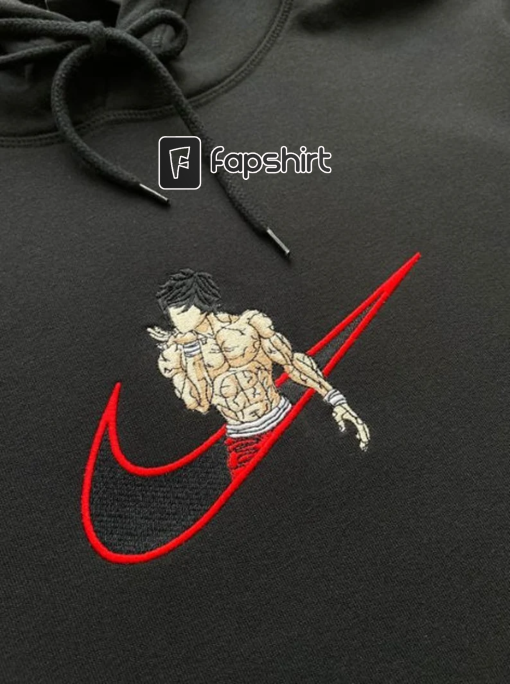 B.a.k.i Embroidered Anime Picture T-Shirt, Sweatshirt, Hoodie, Swoosh Baki Design Embroidered Sweatshirt, Custom Embroidered Gym Workout