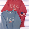 USA Embroidered Crewneck Sweatshirt, 4th of July Shirt Women, American Flag Embroidery, Red White and Blue Shirt, Minimal Embroidered Shirt