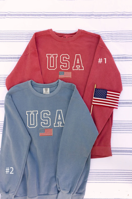 USA Embroidered Varsity Crewneck Sweatshirt, Comfort Colors Summer 4th of July, Independence Day Red White and Blue United States America