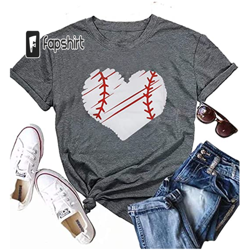 Cute Baseball Shirt Women Baseball Heart Tee Shirts Short Sleeve Crew Neck Casual Summer Graphic Tee Shirts Top