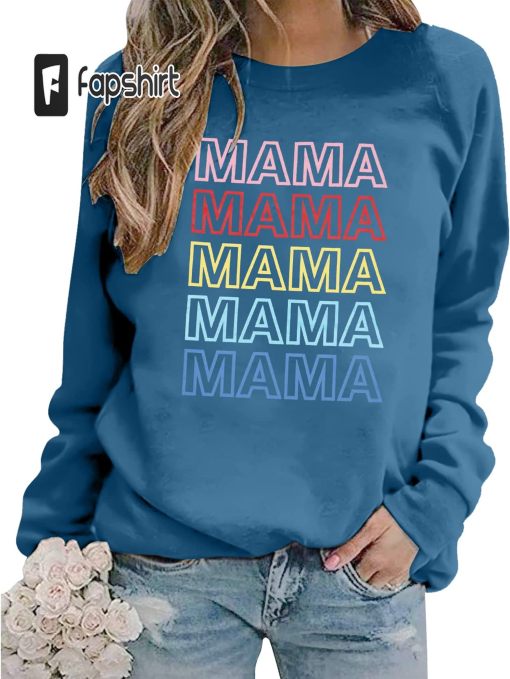 Mama Sweatshirt Women Funny Letter Print Mama Mama Blouse Tops Casual Fall Long Sleeve Pullover Tees