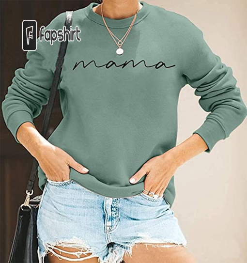 Womens Crewneck Sweatshirt Mama Letter Print Long Sleeve Loose Fashion Pullover Top