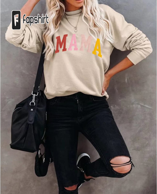 BOUTIKOME Mama Sweatshirt Women Funny Letter Print Mom Life Long Sleeve Crewneck Pullover Shirt Blouse Tops