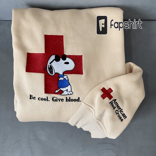 Embroidered Red Cross + Peanuts Joe Cool Sweatshirt, Embroidery Crewneck, Snoopy Donate Blood Shirt, Snoopy Give Blood, Funny Snoopy Hoodie