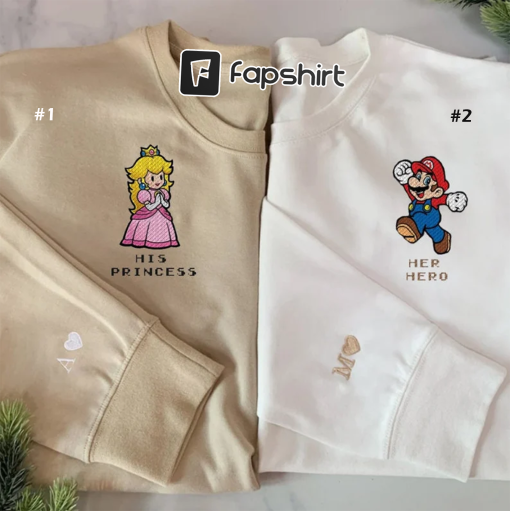 Super Mario Her Hero And His Princess Couple Embroidered Sweatshirt, Custom Cartoon Couple Embroidered Hoodie, Couple Matching Embroidered