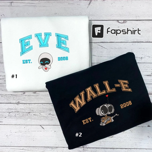 Wall-E and Eve Embroidered Crewneck, Wall-E Embroidered Sweatshirt, Vintage shirt, y2k embroidery Hoodie