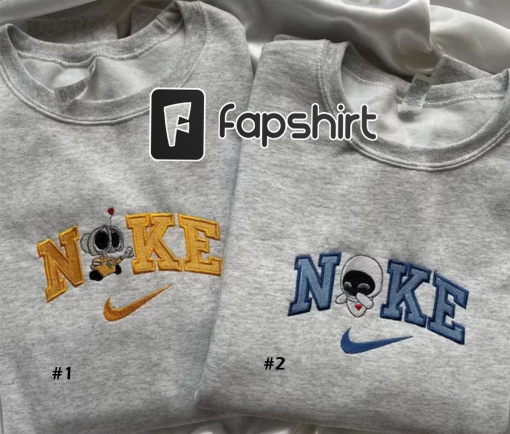 Wall-e x Eve Embroidered Sweater, Couple Embroidered Sweatshirts, Cartoon Crewneck Vintage shirt, Wall-e and Eve Couples Embroidered Hoodie